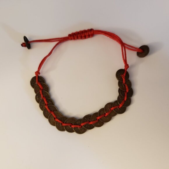 Chinese Red String Faux Coin Good Fortune Luck Bracelet Adjustable Sliding Knot - Picture 2 of 3